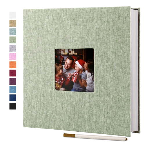 Bevtee Photo Album Self Adhesive 4x6 8x10 DIY Picture Scrapbook, 40 Pages Linen Cover with Display Window, with Pen, for Moms, Families, Babies, and Weddings, Grass Green