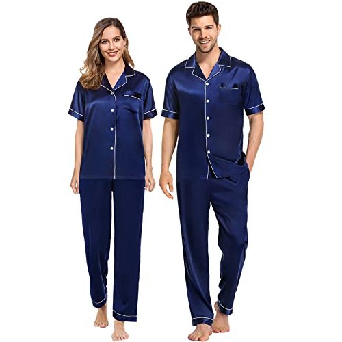 SWOMOG Couples Pajamas Sets Women & Men Satin Short Sleeve Sleepwear Button Down Loungewear Pjs Set with Long Pants