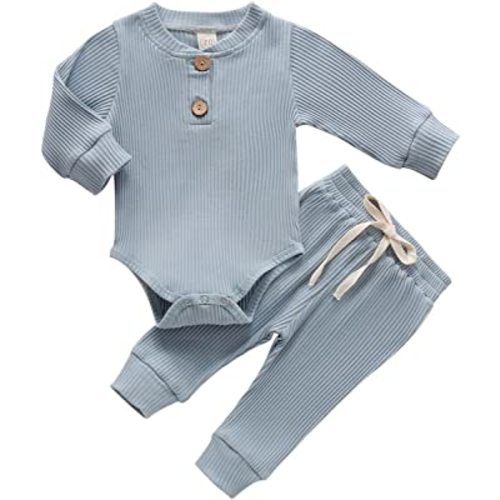 CIYCUIT Newborn Baby Boy Outfits Long Sleeve Solid Color Ribbed Knitted Romper Pants 2Pcs Gender Neutral Baby Clothes