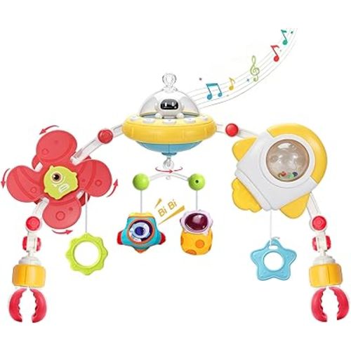 GONINO Baby Stroller Arch Toy, Musical Car Seat Toys for Babies 0-6 Months Girl, Adjustable Crib Mobile with Hanging Toys for Bassinet & Bouncer, Space Newborn Toy with Lights, Baby Girl Gifts