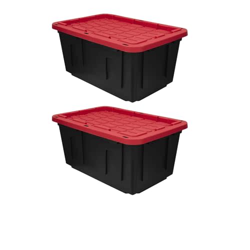 TnLoji 2 pack, 27 Gallon Snap Lid Plastic Storage Tote Box, Plastic Storage Bin Tote Organizing Container With Lid, Stackable & Nestable, Black Red