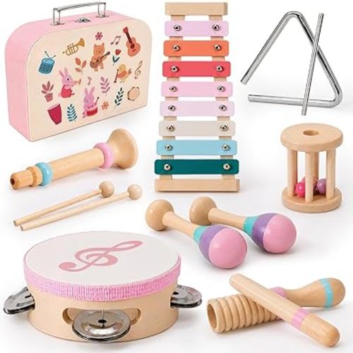 Toyssa Baby Musical Instruments, Montessori Wooden Musical Toys for Toddlers 2-3 with Xylophone Maracas Tambourine and Gift Box Kids Preschool Educational Birthday Gifts for 2 3 4 5 Year Old
