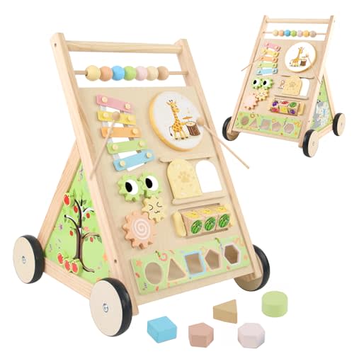 Wooden Baby Walker with Wheels Baby Push Walker for Boys Girls 6-12 Months | Wooden Walker Activity Center Walking Toys for 1 Year Old Learning to Walk Sit to Stand Walker for Baby 12-18 Months Push Toy