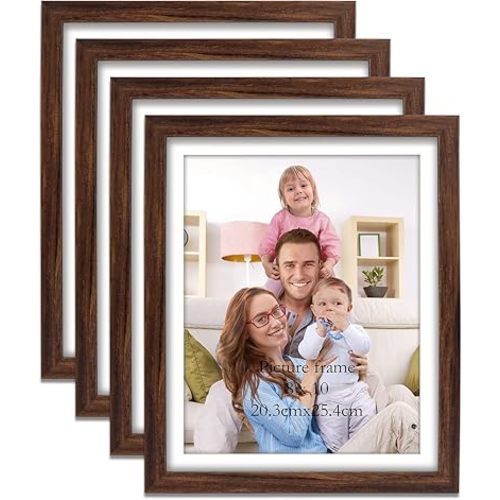 Giftgarden Brown 8x10 Picture Frame Set of 4, 9x11 Frames with Mat for 8” by 10” Photos, Rustic Walnut Wood-Color Frames for Wall or Tabletop