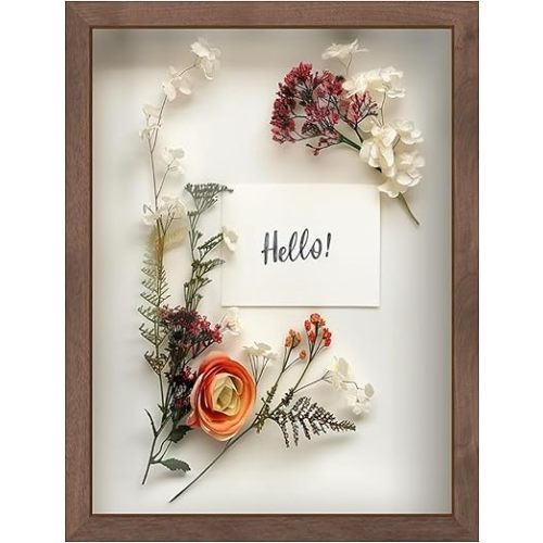 FrameWorks 12” x 16” Dark Oak Wooden Shadow Box Frame – Display Case with Soft Felt Back, Memory Box with Tempered Glass, Display Box with Elegant White Ball Push Pins, Wooden Flower Box