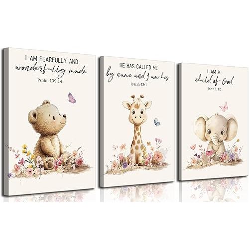 3Pcs Nursery Animal Bible Verse Canvas Wall Art Cute Bear Elephant Giraffe Wall Decor Pictures Christian Baby Nursery Posters Prints for Kids Boys Girls Room Home Decoration 12x16in