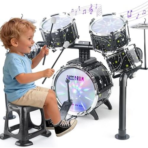 CAPTAIN CHAOWING Kids Drum Set for Toddlers 3-5, Light up Jazz Drum Toy 4-6