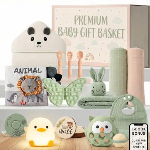 New Baby Gift Basket 21-Piece Set | TOP Newborn Baby Gift Set for Boy & Girl | Gender Reveal Gifts & New Mom Gifts Bundle | Essential Newborn Toys & Accessories Included in Elegant Keepsake Magnet Box