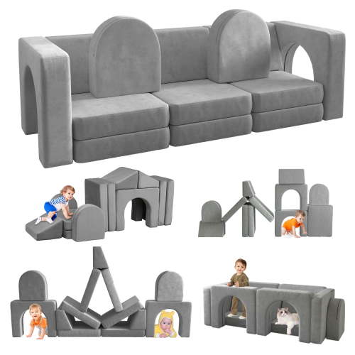 Linor 13 Pcs Modular Kids Sofa Couch, Foam Playroom Sofa for Toddlers, Easy Clean, Grey
