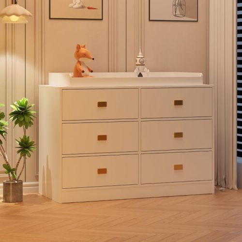 6-Drawer Baby Changing Table Dresser, with Removable Top, Changing Pad & Built-in Power Outlets, Versatile Diaper Changing Station for Bedroom
