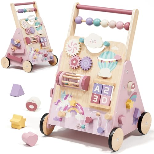 Lehoo Castle Unicorn Wooden Baby Walker, Adjustable Speed Baby Push Walker | Baby Walker with 10-in-1 Activity Center, Montessori Walker Toy for 1 Year Old Girls Learning to Walk
