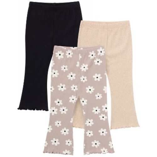 Gerber Baby Girls' 3-Pack Textured Flare Leggings, Brown Flowers, Oatmeal and Black, 12 Months