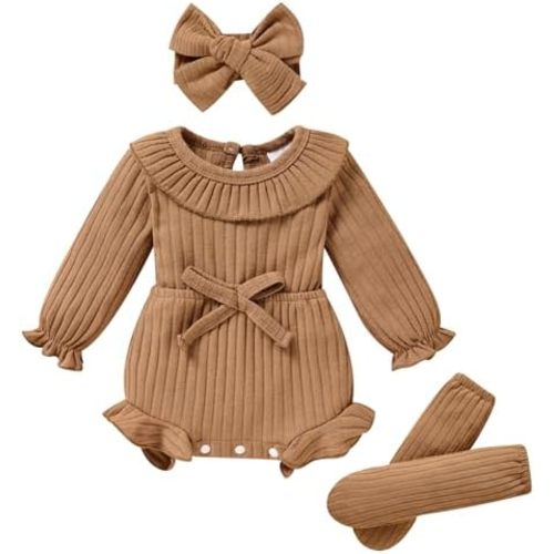 GRNSHTS Newborn Baby Girl Clothes Ruffle Solid Sweater Long Sleeve Romper+Hairband+Socks 3Pcs Fall Winter Outfits