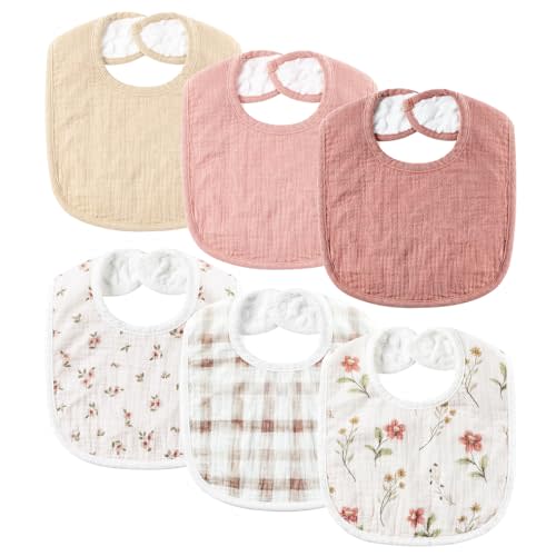 POIKSHARK 6-Pack Muslin Baby Bibs for Unisex Boys Girls, Cotton Baby Drool Bibs, Drooling and Teething Bibs for Infant