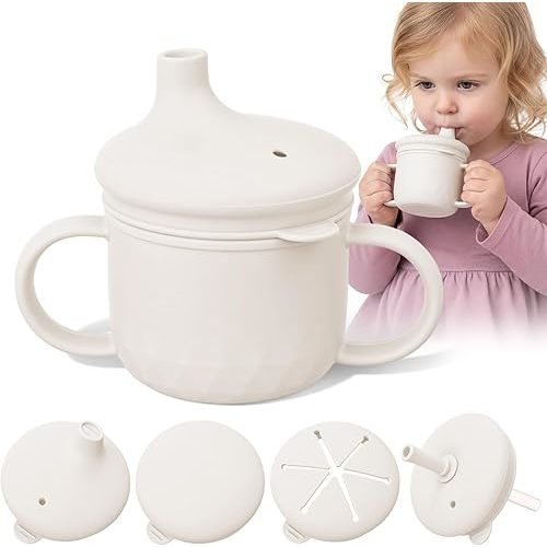 8 oz 3 in 1 Silicone Baby Sippy Cups & Snack Cups with Lid Straw for Toddlers 1-3 Spill Proof Stainless Steel Snack Containers Food Catcher for Baby Toddler Drinking Training(Beige)
