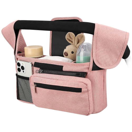 Universal Stroller Organizer with Insulated Cup Holder Detachable Phone Bag and Shoulder Strap,Stroller Bag Caddy Organizer Accessories Fits for Uppababy, Baby Jogger, Britax Strollers