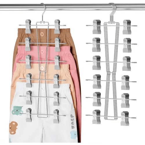 DOIOWN 6-Tier Baby Hangers with Clips - Space Saving Kids Pants Hangers for Babies & Kids Pant,Clothe,Adjustable Toddler Clothes Hanger for Newborn Children Closet Organization Gray 4Pack