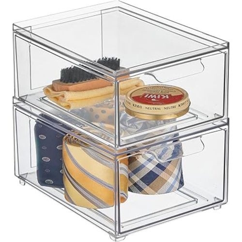 mDesign Stackable Storage Containers Box with 2 Pull-Out Drawers - Stacking Plastic Drawer Bins for Closet Organization, Linen, Coat, Bedroom or Entryway Closets - Lumiere Collection - 2 Pack - Clear