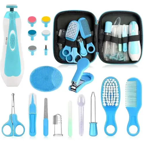Baby Grooming Kit - 19 in 1 Nursery Essentials Baby Registry Shower Gift for Newborns, Infants, Toddlers, Boys, Girls Kids-Safety Baby Comb, Brush, Finger Toothbrush, Nail Clippers, Scissors(Blue)