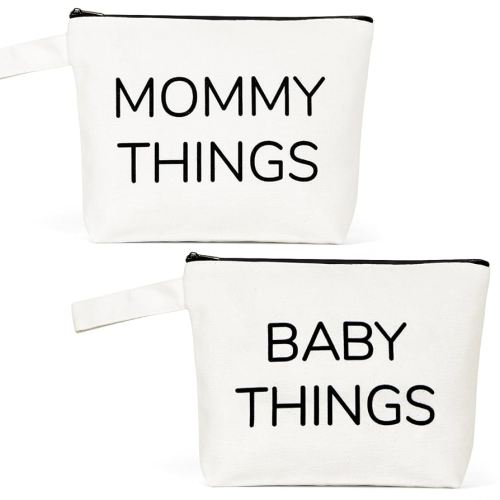 New Mom Gifts, 2PCS Mommy and Baby Canvas Pouch Set, Gifts For Expecting Moms Keepsake Bag, New Mothers and Baby Essentials Stuff, Neutral Makeup Bag Gift Set