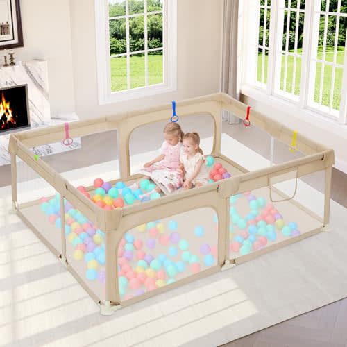 Dripex Large Baby Playpen 71×47 Inch, Big Play Pens for Babies and Toddlers- Indoor & Outdoor Kids Safe Play Area, Soft Breathable Visible Mesh, Anti-Fall & Anti-Slip Design Baby Fence, Khaki