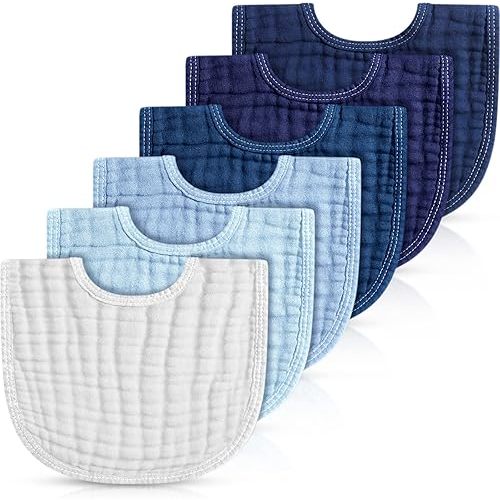 Frienda 6 Pcs Muslin Bibs Burp Cloths for Baby Teething Bandana Bibs 6 Absorbent Layer for Baby Boy Girl Cotton Burping Cloth(Blue Series)