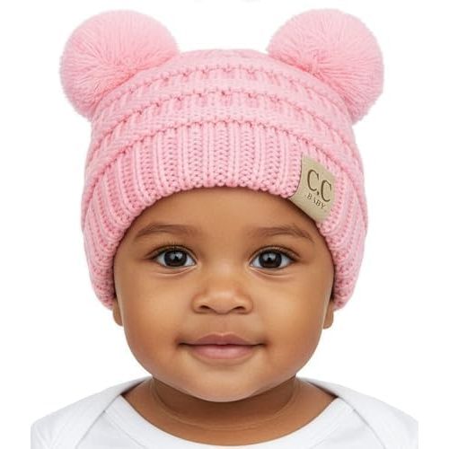 Funky Junque Double Pom Pom Baby Beanie – Newborn Girl Winter Hat 0–12 Months, Cute Cozy Knit Infant Beanies for Cold Weather