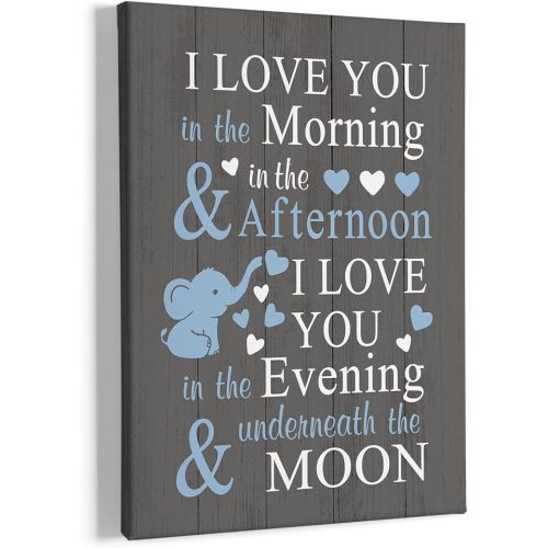 HIWX Baby Elephant Nursery Decor - I Love You In The Morning Sign Framed Canvas Painting Wall Art Decor, Elephant Wall Art, Baby Room Bedroom 11x14
