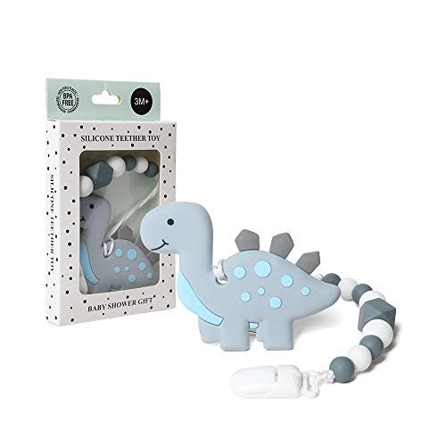 AmazingM Dinosaur Teething Pain Relief Toy with Pacifier Clip Holder Set for Newborn Babies,Food Grade BPA Free Silicone Teether Gift,Freezer Safe, Teething Egg for Boy and Girl,Baby Stocking Stuffers