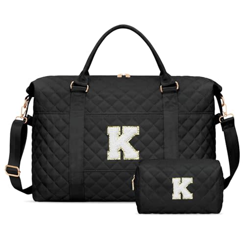 Personalized Gifts for Teen Girl Initial Travel Duffle Bag | Cute Overnight Weekender Bag with Makeup Pouch, Gift for Women Mom Friend College,Black-K