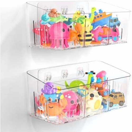 Bath Toy Storage 2 Packs, Large Bath Toy Holder with 3 Compartment, Quick Dry Bathtub Toy Organizer, Bath Tub Toy Net, Shower Toy Basket & Bin, Bathroom Accessories for Baby,Toddler,Kids(Clear)