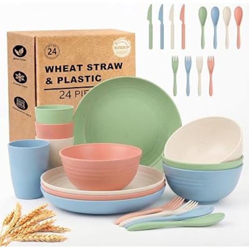 Plates and Bowls Sets for 4, Wheat Straw Dinnerware Sets - Colorful