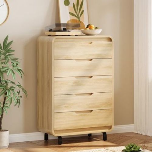 5 Drawers Dresser for Bedroom, 48" Tall Modern Wooden Chest of Drawers with Sturdy Metal Legs, Curved Closet Organizer for Living Room, Hallway