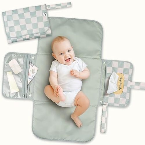 Tiny Twinkle Portable Diaper Changing Pad | Waterproof, Wipeable & Compact Baby Changing Pad for Travel | Smart Wipes Pocket & Organized Storage| Newborn Shower Gift (Sage Checkers)