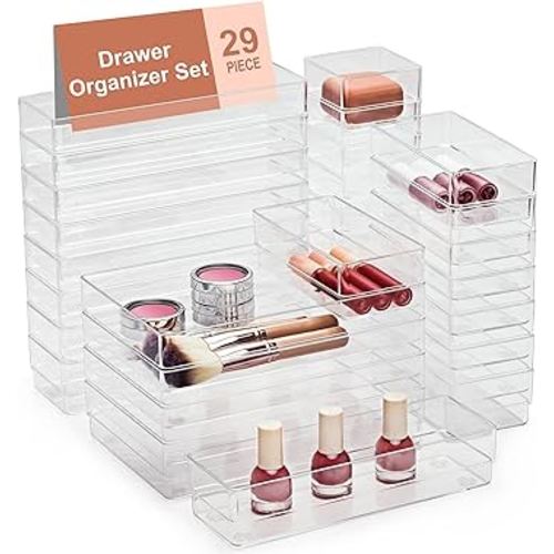 SMARTAKE 29-Piece Drawer Organizer with Non-Slip Silicone Pads, 4-Size Desk Drawer Organizer Trays Storage Tray for Makeup, Jewelries, Utensils in Bedroom Dresser, Office and Kitchen (Clear)