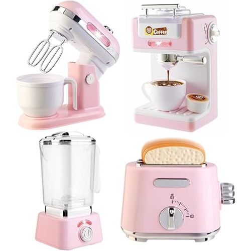 Play Kitchen Accessories, Pretend Play Kitchen Appliances Toy Set with Coffee Maker Machine, Toaster, Mixer, Blender with Realistic Lights & Sounds, Birthday Gifts for Girls Age 3-5 4-8 6-8
