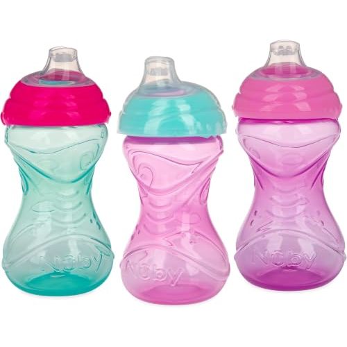 Nuby Clik-It Soft Spout No-Spill Easy Grip Sippy Cup, 10 Oz - 3 Pack | Girls - 6+ Months