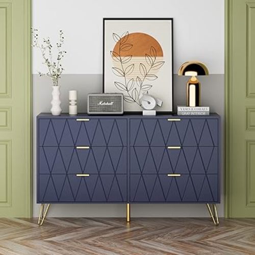 UEV 6 Drawer Dresser for Bedroom,White Dresser with Wide Drawers and Metal Handles,Modern Chest for Bedroom,Living Room,Entryway(Large Navy Blue)