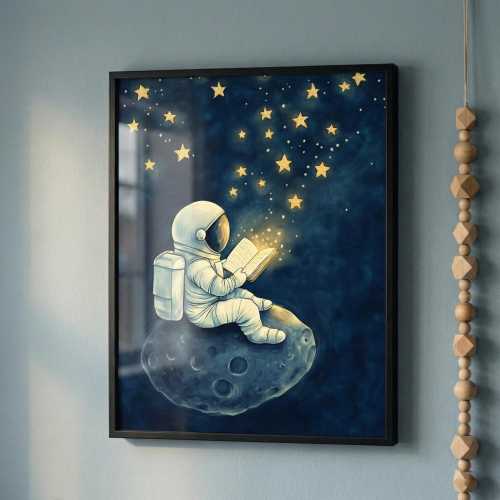Space Nursery Framed Wall Art, Astronaut Reading, Starry NightKids Room