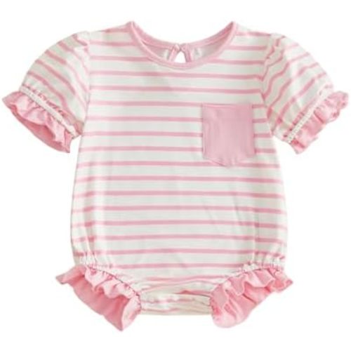 Twopumpkin Baby Girl Striped Bubble Romper Newborn Toddler Short Sleeve Ruffle Cotton Cute Summer Outfit Clothes