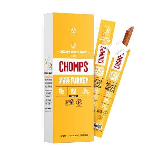Chomps Original Turkey, Antibiotic Free, 10ct, Protein Snack Stick | Keto, Paleo, Gluten Free Turkey Stick, Zero Sugar Food, Whole30 Approved, Low Carb Snack, On-The-Go Nutrition, 12G Protein