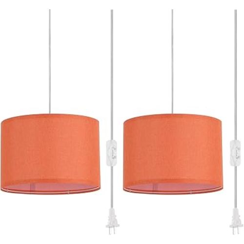 2 Pack Plug in Pendant Light, Hanging Light with 15Ft Clear Cord, On/Off Switch, Dark Orange Fabric Lamp Shade, Hanging Light Fixture for Bedroom, Kitchen