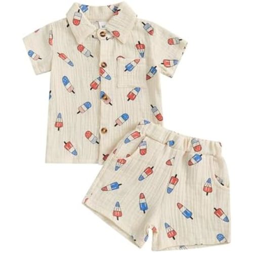 Baby Boy 4th of July Clothes Popsicle Muslin Button Down Short Sleeve Shirts and Shorts Set Toddler Patriotic Outfit