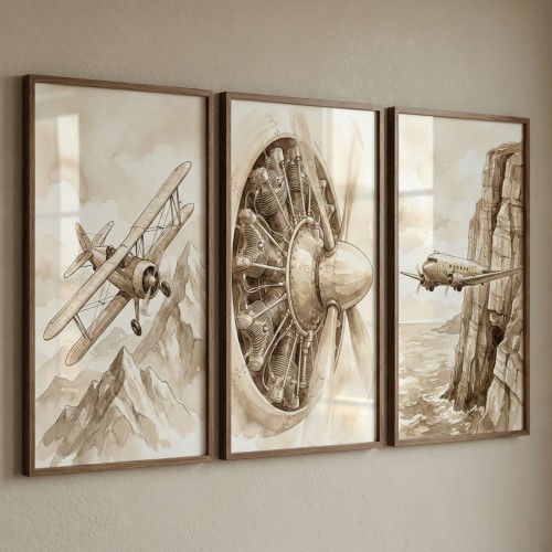 Airplane Kids Room Wall Art Set of 3 - Vintage Sky Explorers