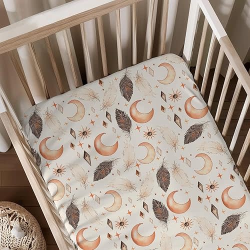 Native American Moon Sun Stars Feathers Pattern Baby Sheets for Crib, Unisex Western Nursery Fitted Bed Sheet for Boys Girls Standard Crib and Toddler Mattress-28x52