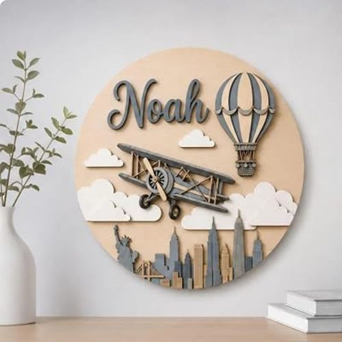 Personalized Airplane Hot Air Balloon Wooden Name Sign, Custom Name Round New York City Skyline Wall Plaque, 11.81 Inch Vintage Plane Travel Themed Nursery Door Hanging Decor, Baby Boys Bedroom Newborn Gift