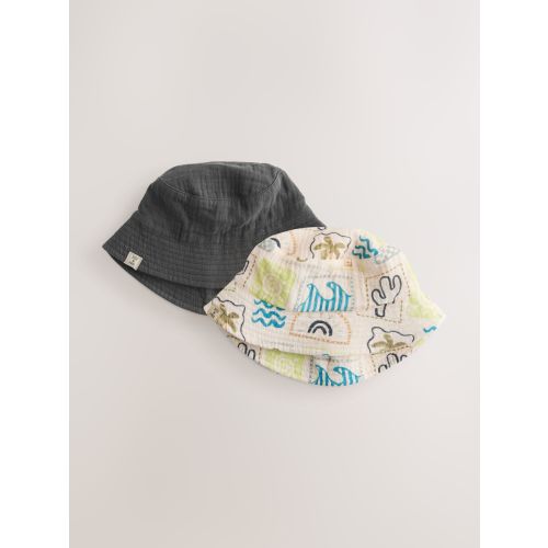 Grey Stampy Printed Woven Baby Bucket Hats 2 Pack