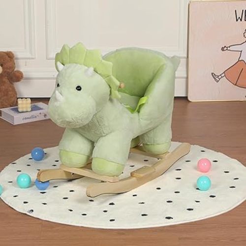 Kids Ride-On Rocking Horse Toy with Lullaby Song,Dinosaur Rocking Toy with Hand Puppets and Safety Belt for Children 1-3 Years, Soft Plush Fabric,Green