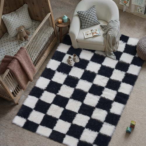 BERTHMEER 4'x6' Fluffy Area Rugs for Bedroom Living Room Dinning Room Plush Pile Soft Geometric Modern Indoor Carpets Rugs, Black White