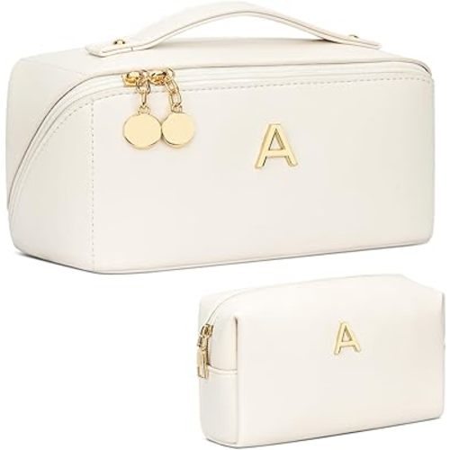 Birthday Gifts for Women Teen Girl, Personalized Initial Makeup Organizer Bag Set, Open Flat Travel Cosmetic Bag With Clear Divider and Handle(Large-Beige,A)